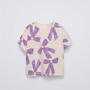 Zara Kids Toddlers Baby Cream and Purple Graphic Bows T-Shirt
